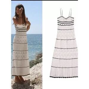 Boho Crochet Knit Maxi Dress – White with Black Trim Mediterranean Vibe Sz XL
